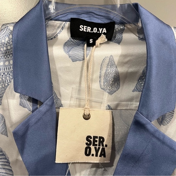 NWT SER.O.YA Size Small Kostas Silk Shirt Button Down Border Shell Blue $495 - Picture 4 of 9